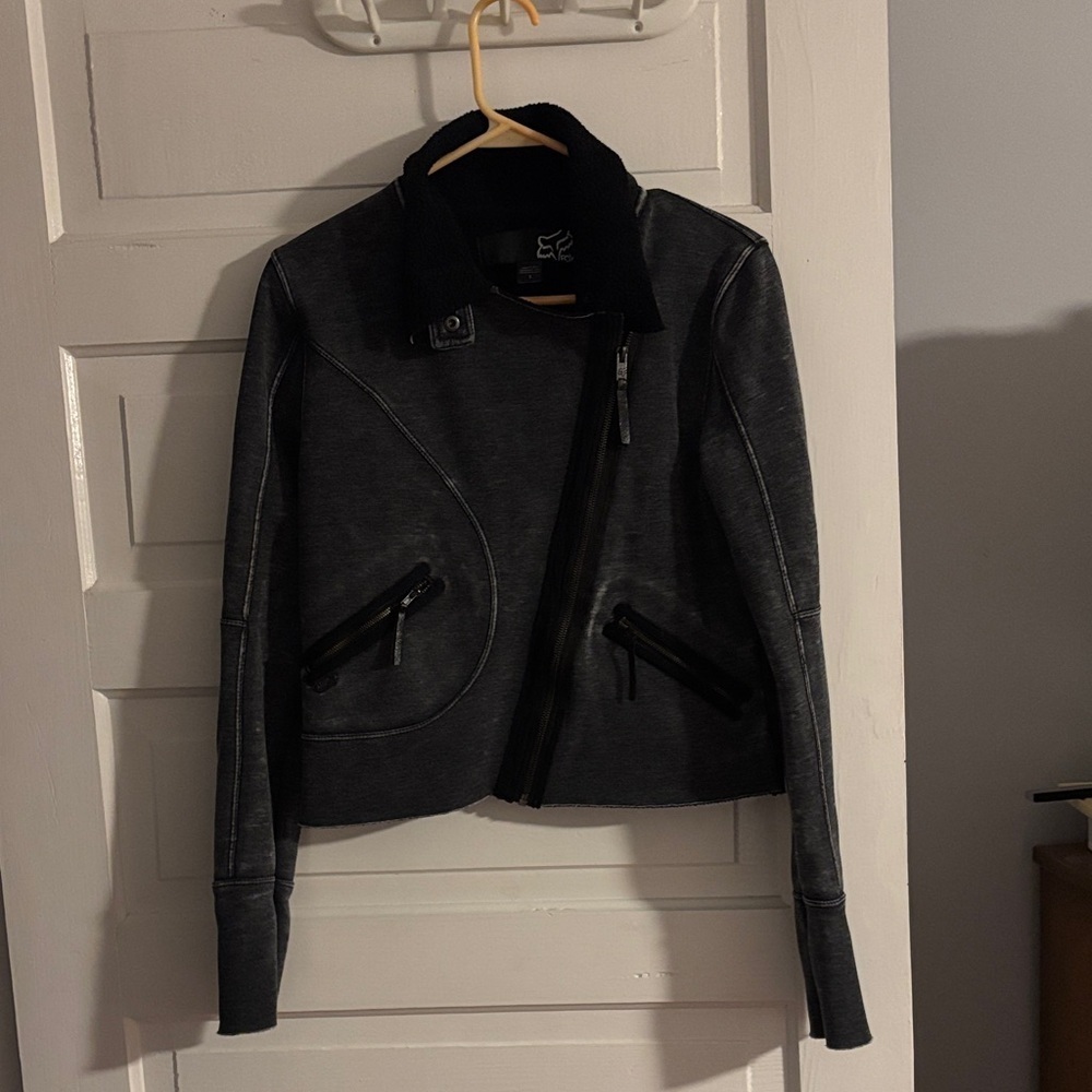 Fox Black Sweatshirt Moto Jacket with Diagonal Zip